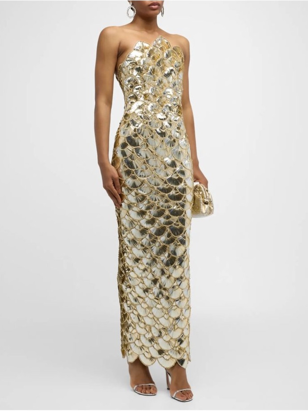 Oscar de la Renta Strapless Sequined Scallop Column Gown - Picture 4 of 8